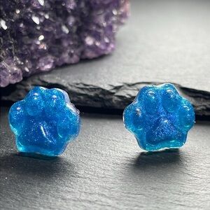 Custom Blue Glitter Paw Stud Hand Poured Resin Earrings
